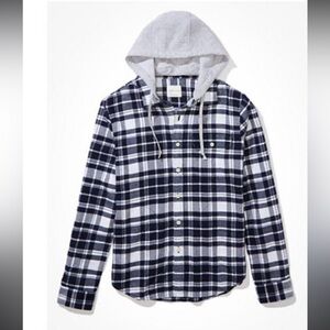American Eagle Men's Blue Plaid Shirt with removable Hood size medium